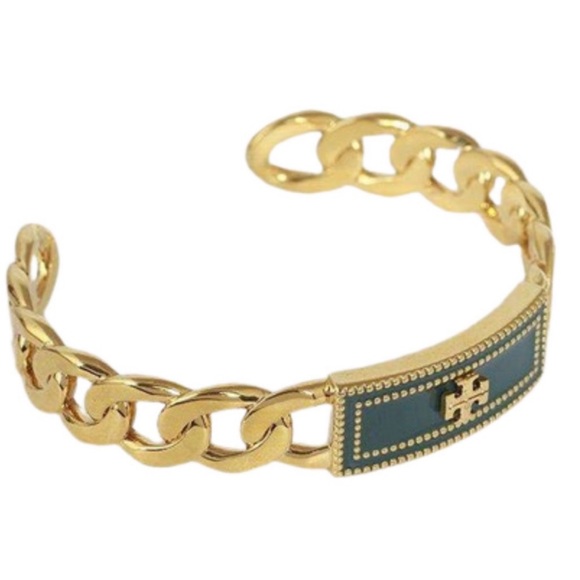 TORY BURCH • Green Milgrain Logo Cuff Bracelet - Picture 5 of 5